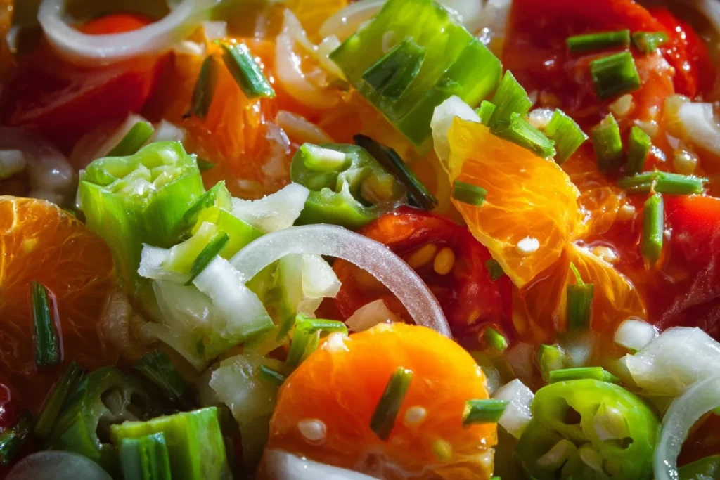 Colorful cold salad with fresh vegetables and dressing