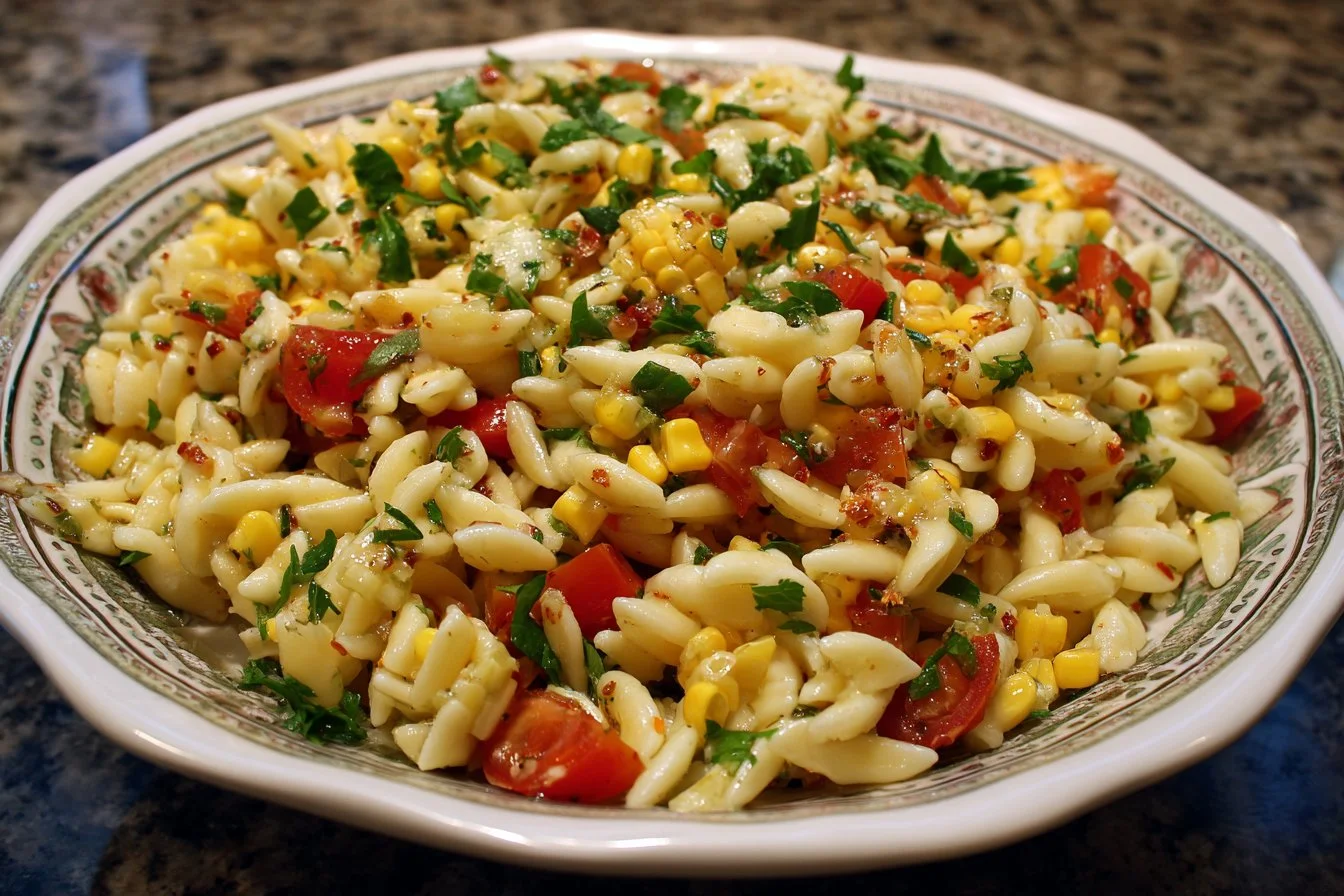 Delicious corn on the cob pasta salad served in a bowl with colorful vegetables