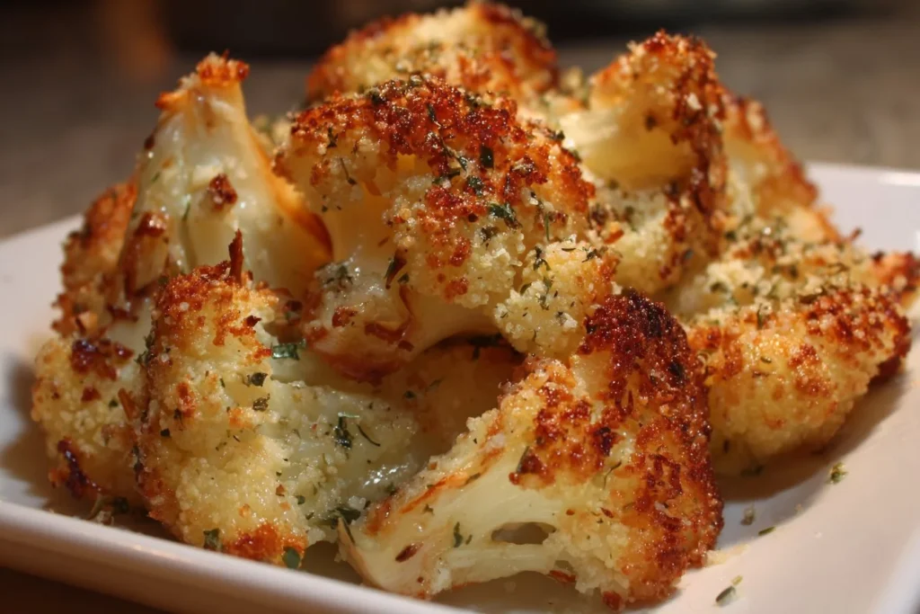 Crispy Parmesan Roasted Cauliflower served on a plate with garnish