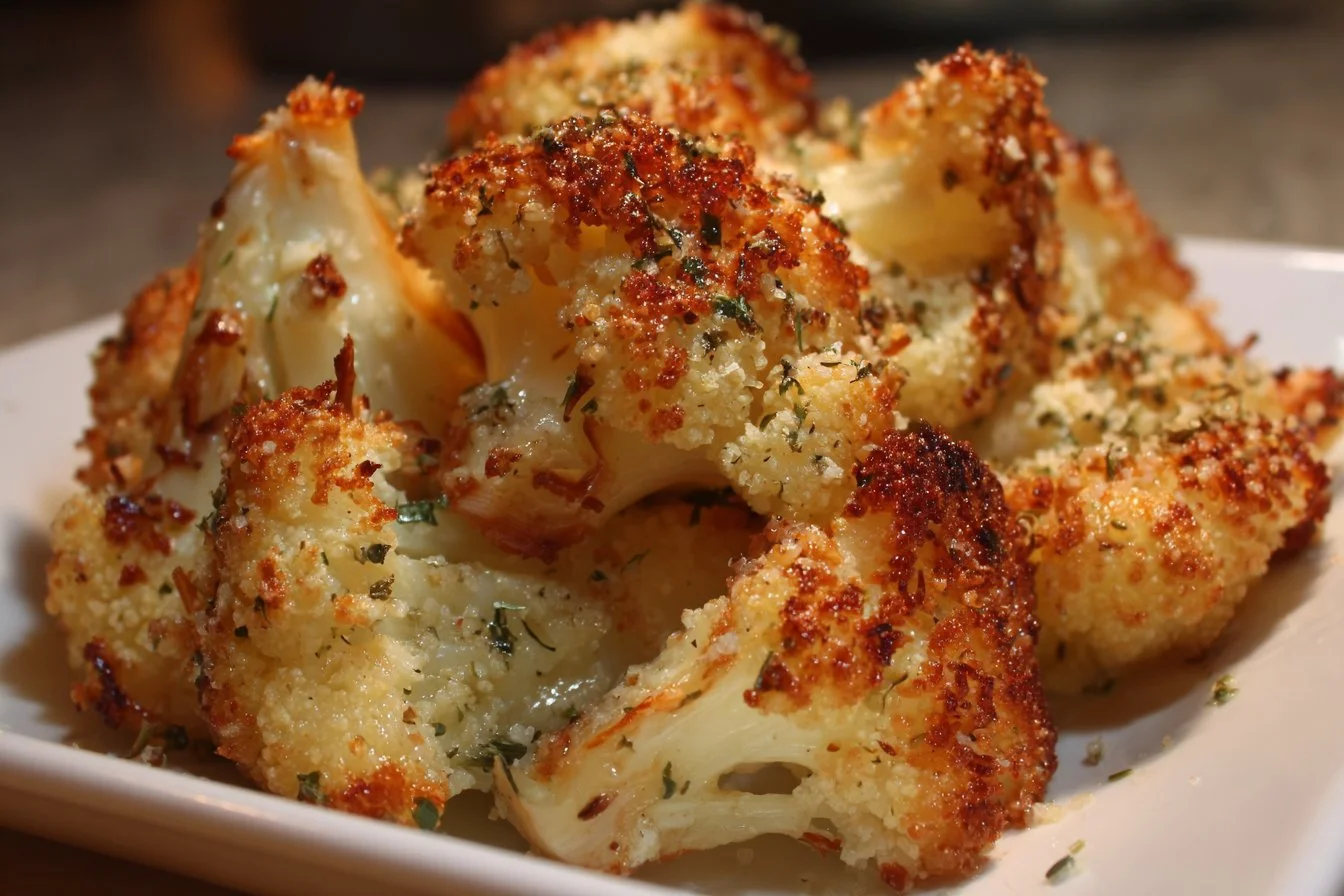 Crispy Parmesan Roasted Cauliflower served on a plate with garnish