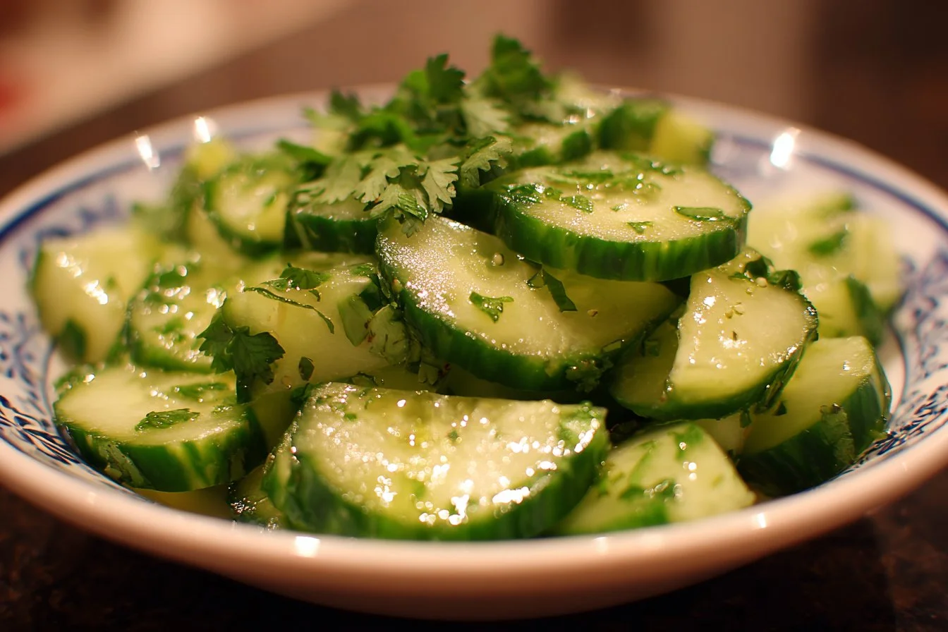 Fresh cucumber salad with herbs and dressing in a bowl