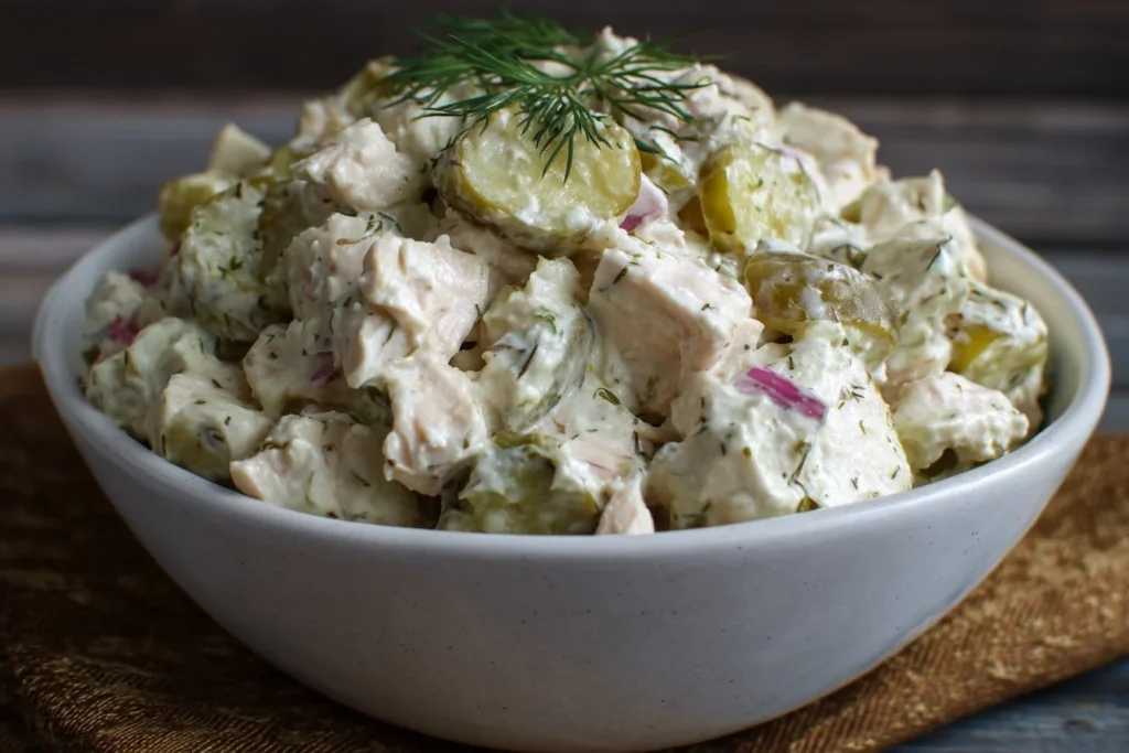 Delicious Dill Pickle Chicken Salad served in a bowl with fresh ingredients