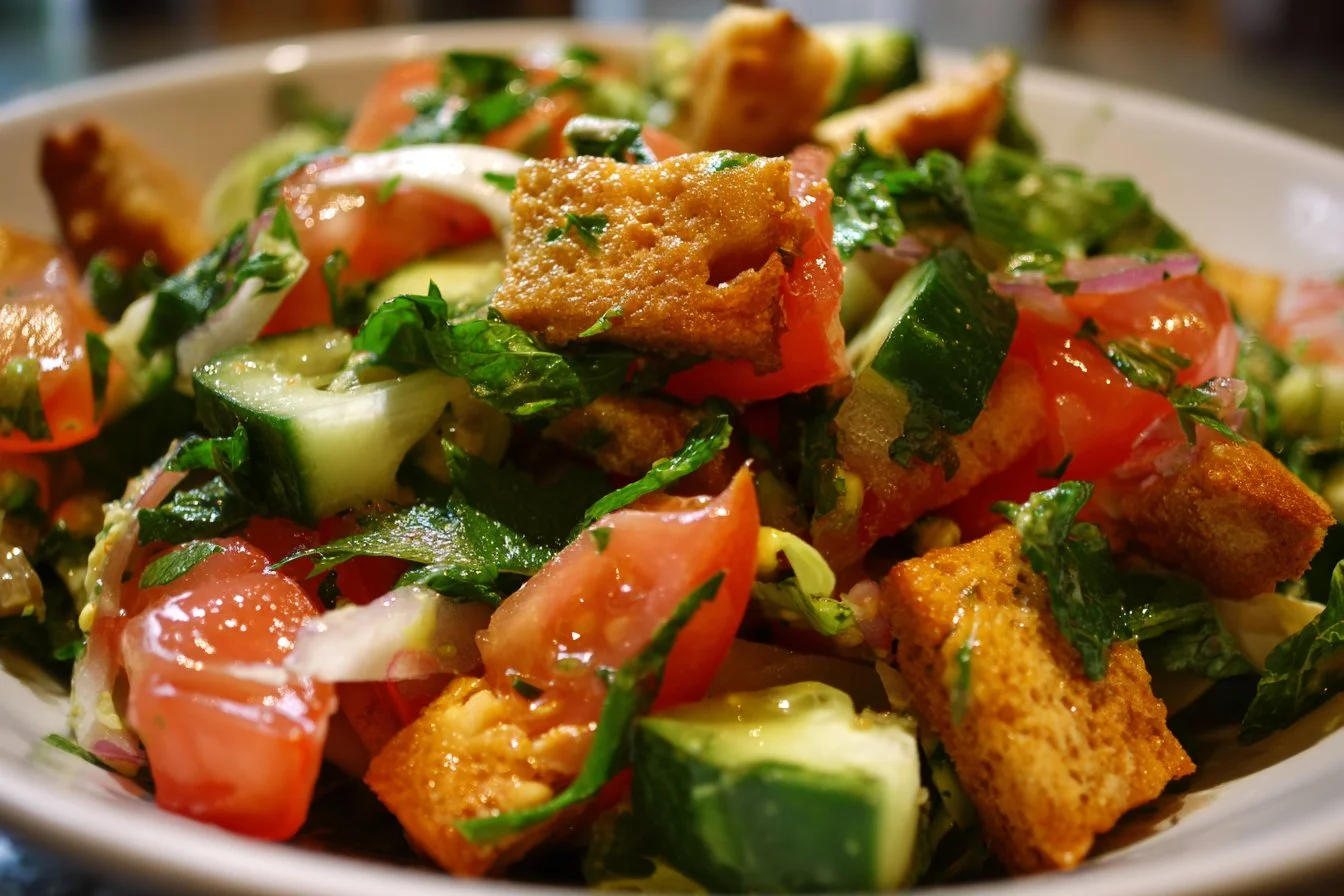 A colorful Fattoush Salad with mixed greens, tomatoes, cucumbers, and crispy pita chips.