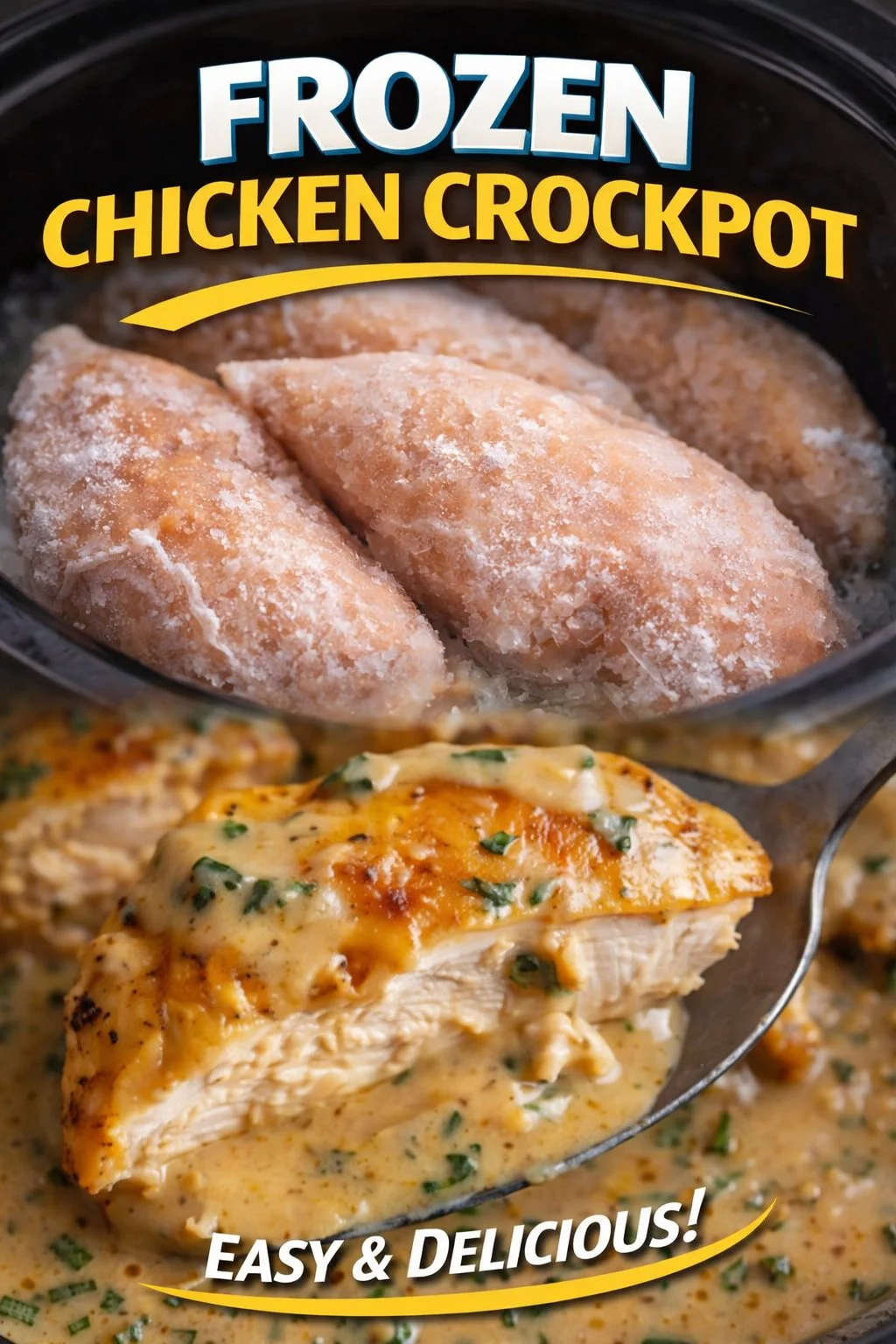 Delicious frozen chicken cooking in a crockpot with vegetables and spices