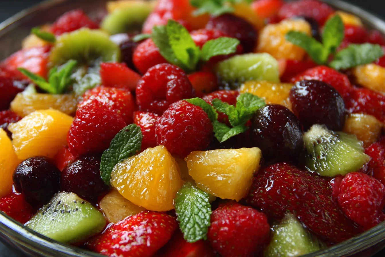 Bowl of colorful fruit salad with assorted fresh fruits.