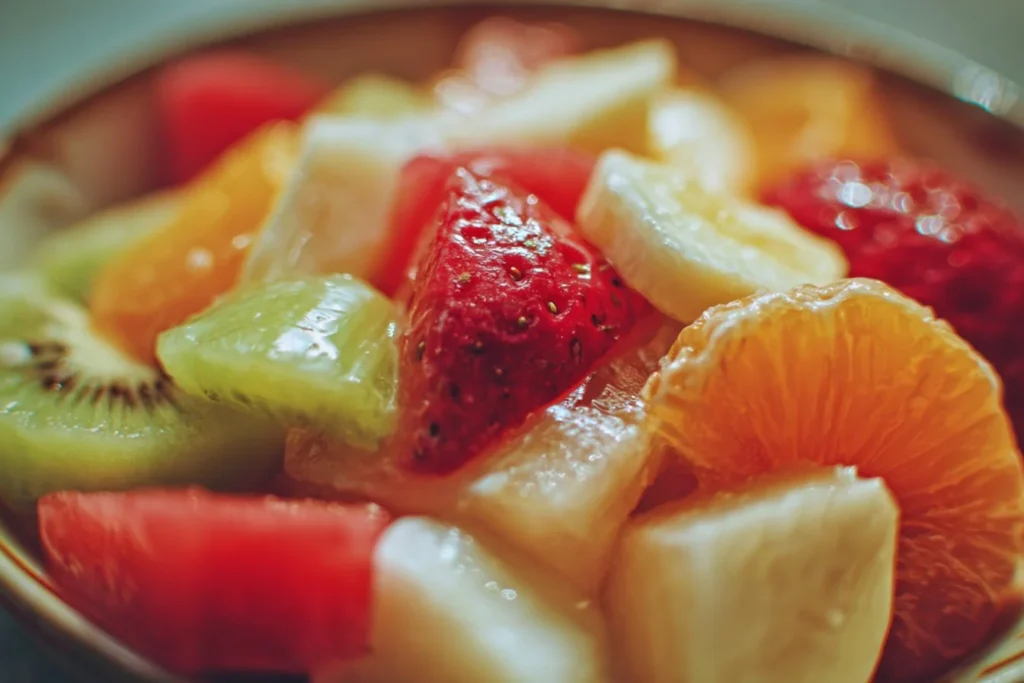 Colorful bowl of fresh fruit salad with berries, oranges, and melons