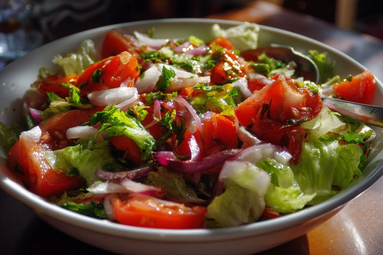 Delicious and colorful healthy salad with fresh vegetables and toppings