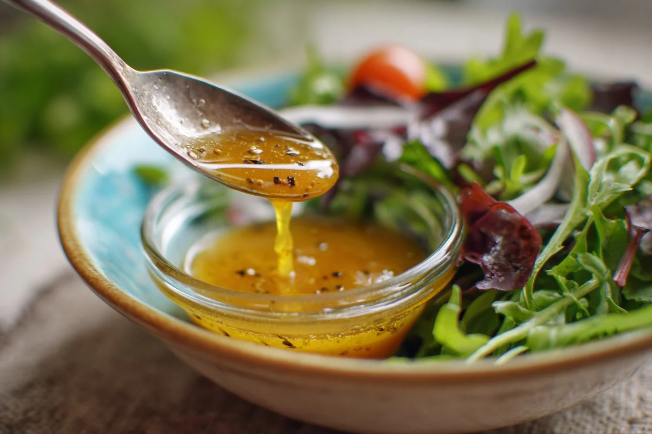Variety of healthy salad dressings in jars on a rustic table