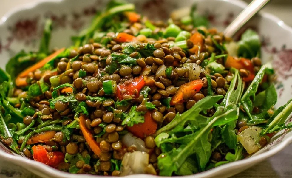 A colorful lentil salad with fresh vegetables and herbs served in a bowl.