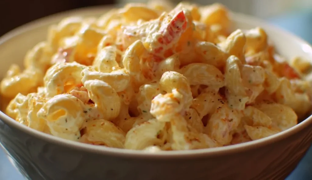 Delicious macaroni salad served in a bowl with fresh vegetables