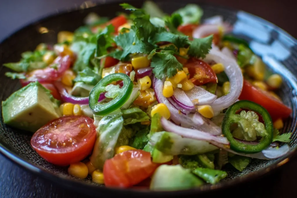 Colorful Mexican Salad with fresh vegetables, beans, and avocado in a bowl.