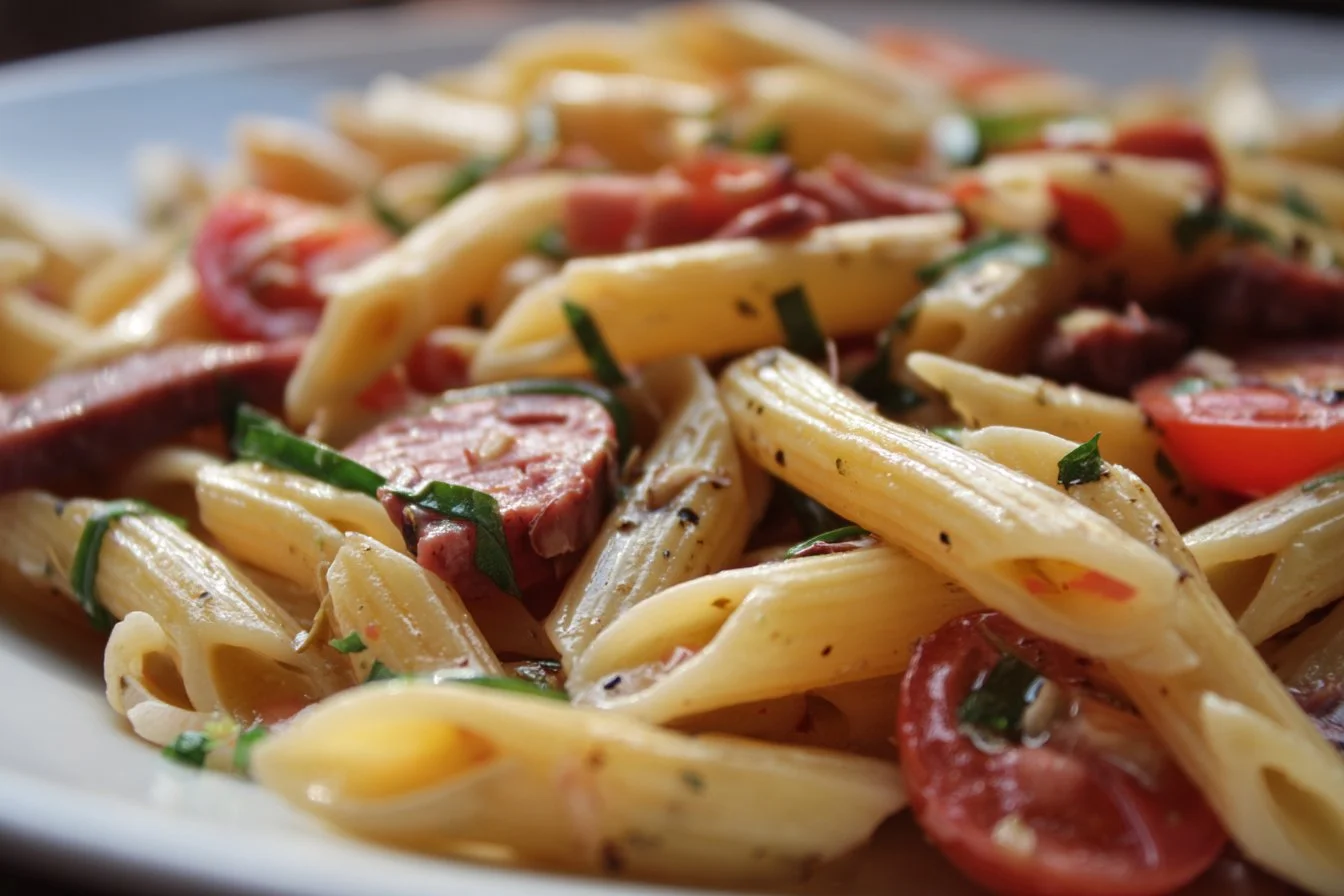 Colorful pasta salad with fresh vegetables and dressing in a bowl