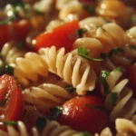 Colorful pasta salad with veggies and dressing in a bowl