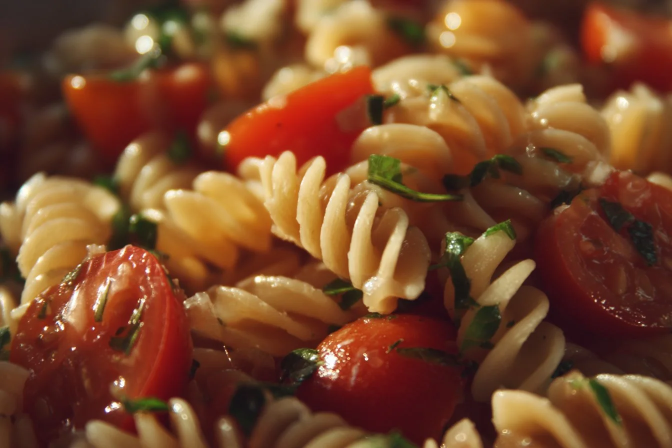 Colorful pasta salad with veggies and dressing in a bowl