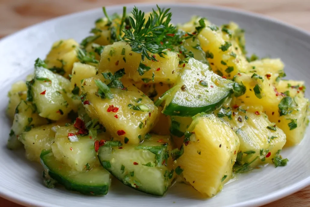 A vibrant Pineapple Cucumber Salad with fresh ingredients in a bowl.