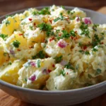 Deliciously creamy potato salad served in a bowl with fresh herbs