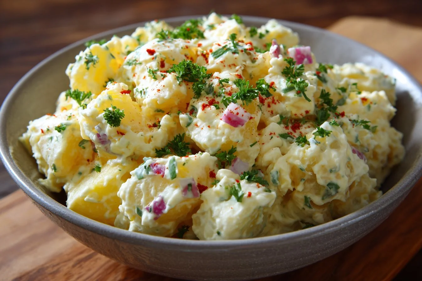 Deliciously creamy potato salad served in a bowl with fresh herbs