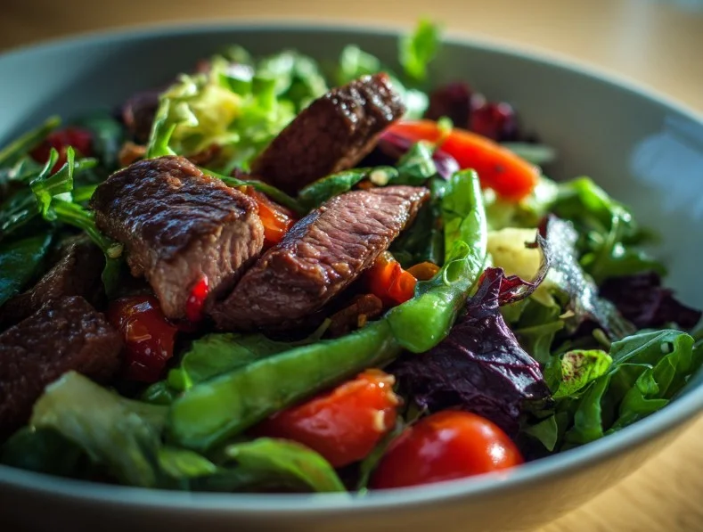 Delicious and nutritious protein salad with fresh vegetables and protein sources.