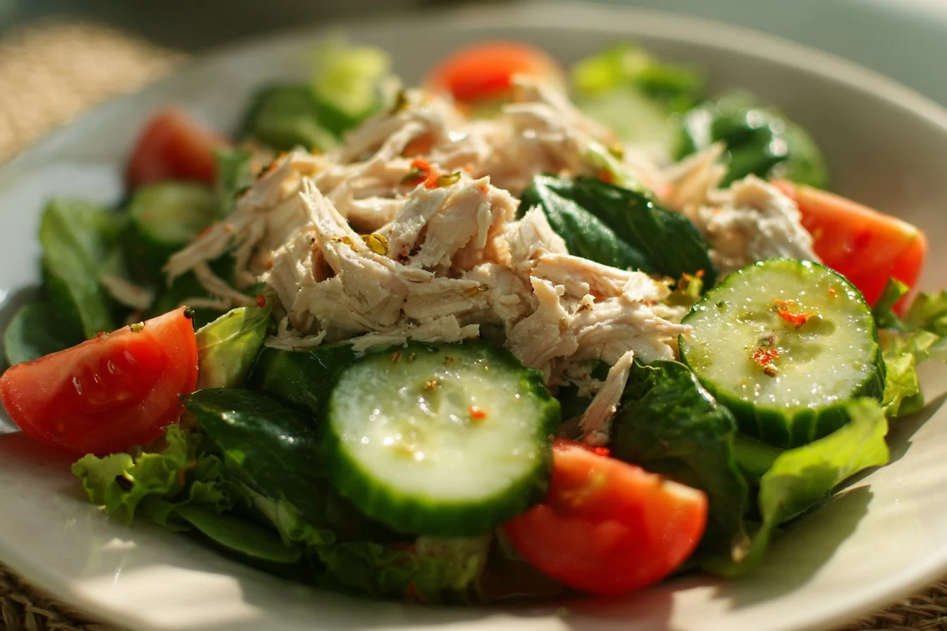 Delicious rotisserie chicken salad served in a bowl with fresh vegetables.