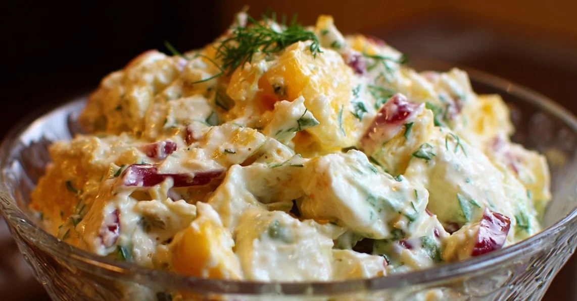 A bowl of colorful Russian Salad with vegetables and mayonnaise.