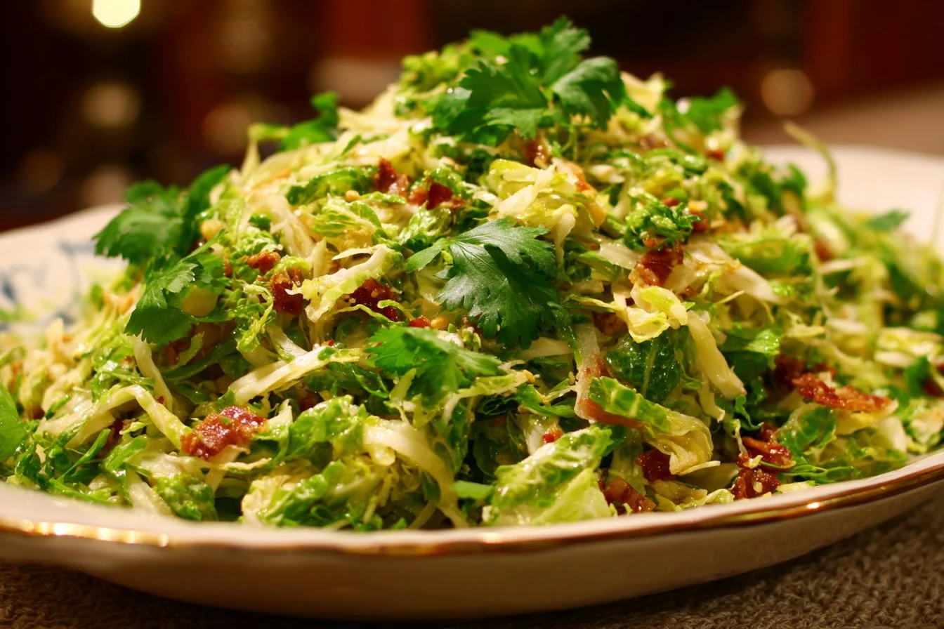 Delicious shaved Brussels sprout salad served in a bowl with dressing and toppings.