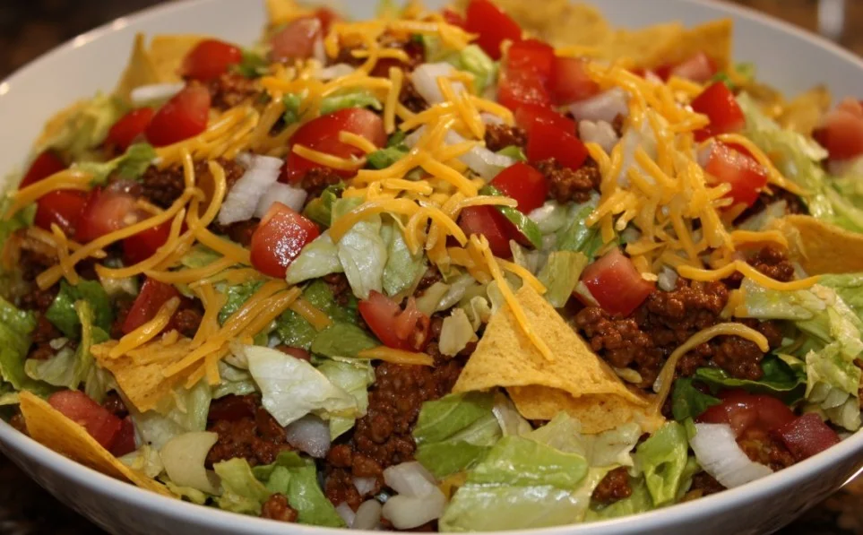 Delicious and colorful taco salad topped with fresh ingredients