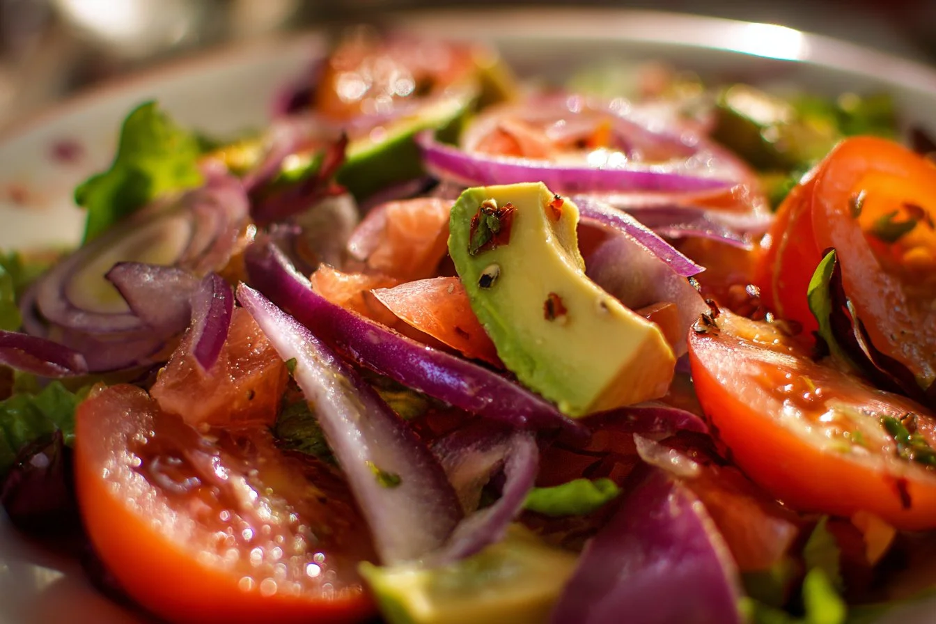 Colorful vegan salad loaded with fresh vegetables and dressing on a plate