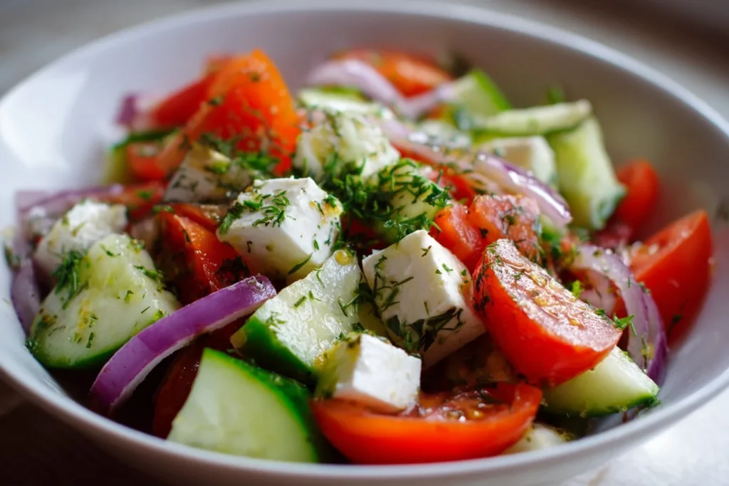 A colorful and fresh veggie salad with a variety of vegetables and dressing.