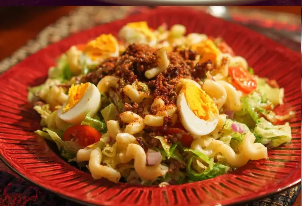 Delicious Big Mac Salad with lettuce, tomatoes, cheese, and special sauce.