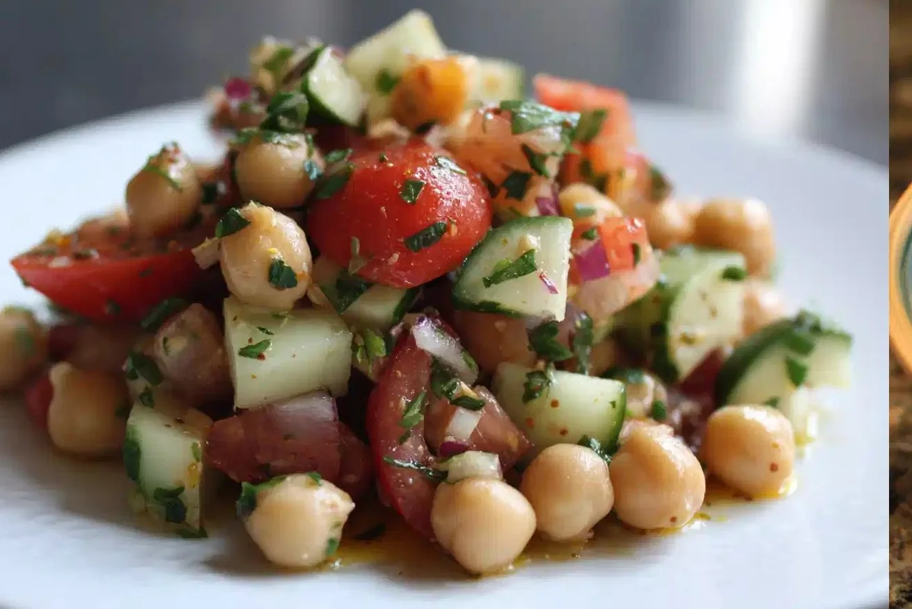 Fresh chickpea salad with vegetables and dressing