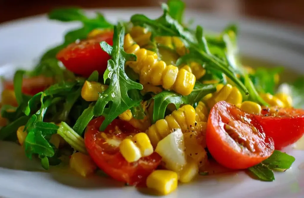 Freshly made corn salad with colorful vegetables and dressing