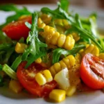 Freshly made corn salad with colorful vegetables and dressing