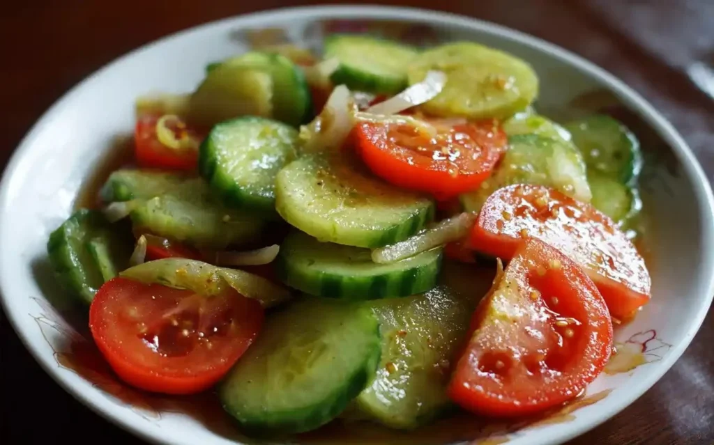 Fresh Cucumber Tomato Salad with colorful vegetables and dressing