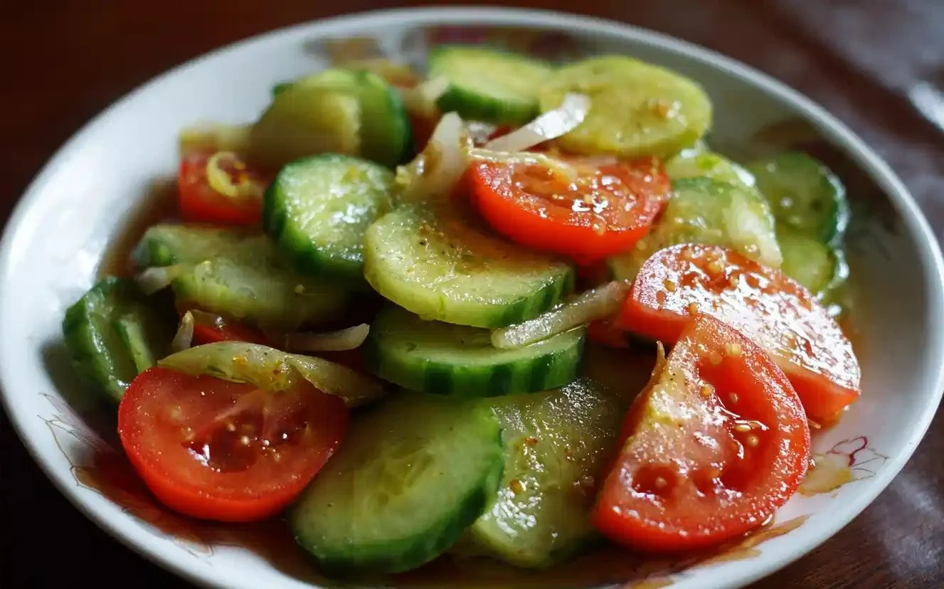 Fresh Cucumber Tomato Salad with colorful vegetables and dressing