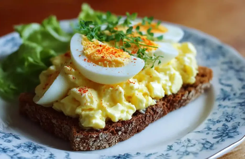 Delicious homemade egg salad served on a plate with fresh herbs