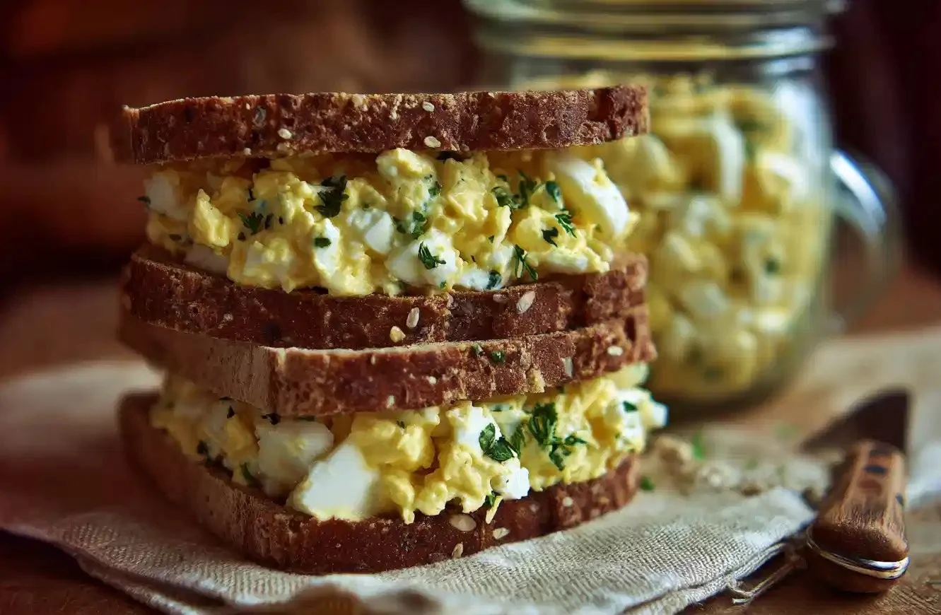 Delicious egg salad served on a plate with fresh greens and herbs.