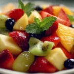 Colorful bowl of fresh fruit salad with assorted fruits like strawberries, blueberries, and kiwi.