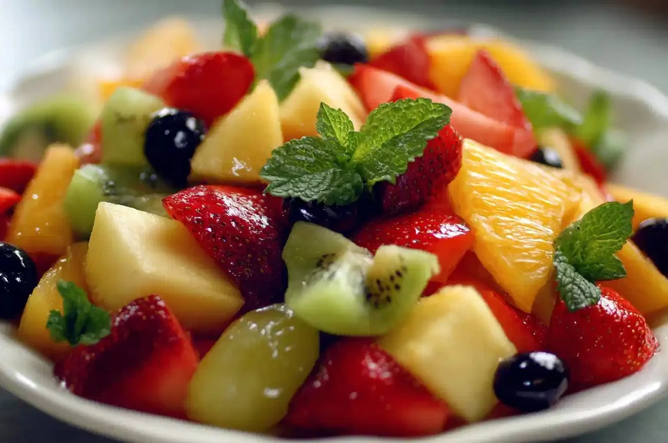 Colorful bowl of fresh fruit salad with assorted fruits like strawberries, blueberries, and kiwi.