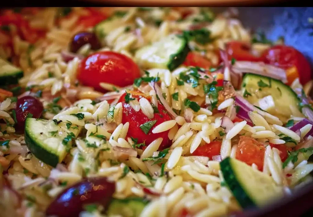 Colorful orzo salad with fresh vegetables and herbs in a serving bowl.