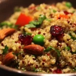 Colorful quinoa salad with vegetables and dressing in a bowl