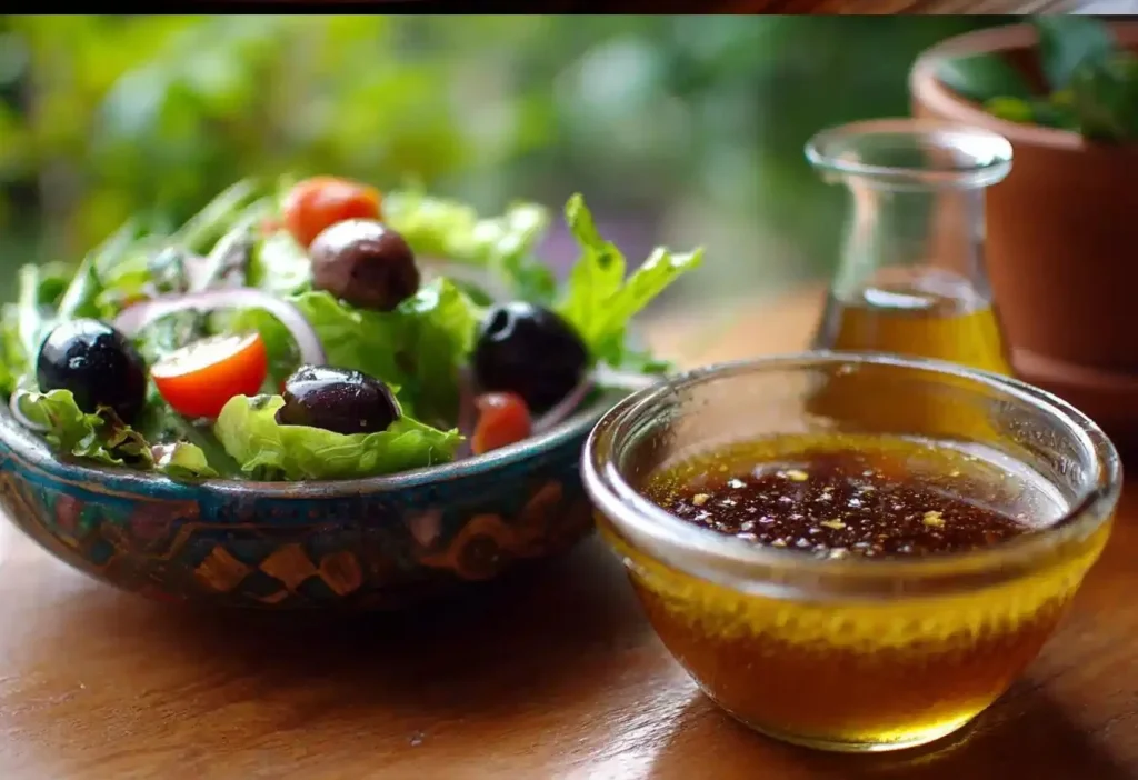 Homemade salad dressing in a glass jar surrounded by fresh vegetables.