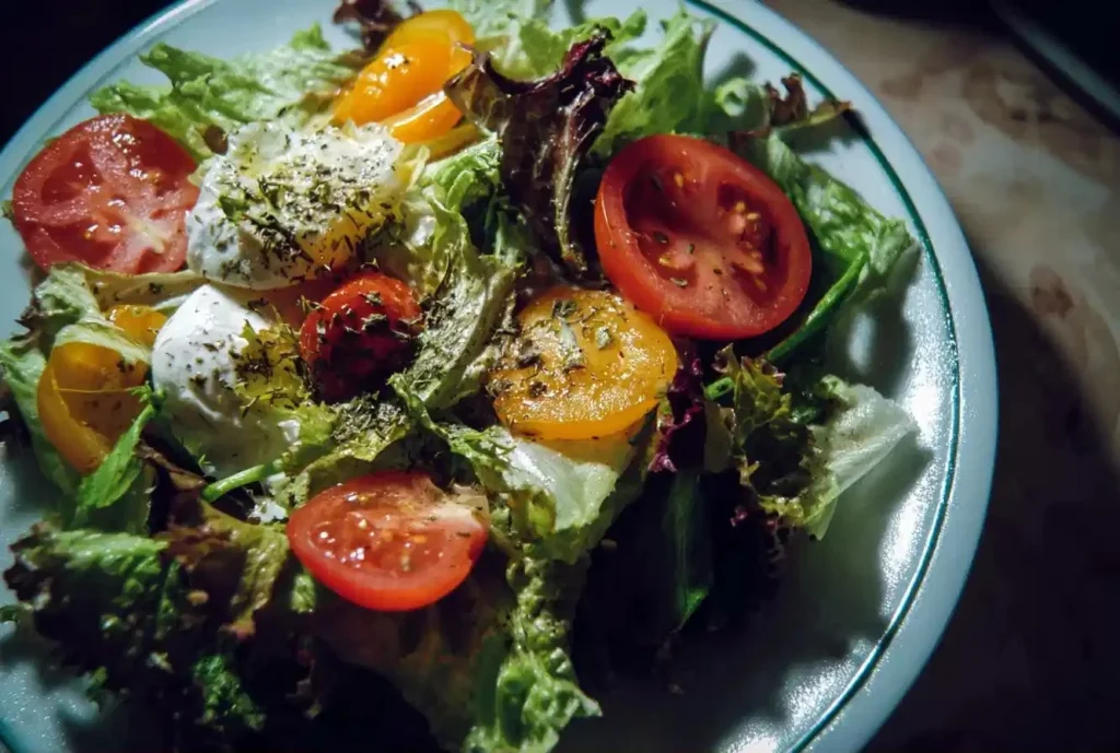 A colorful array of fresh salad ingredients, showcasing vibrant greens, vegetables, and toppings.