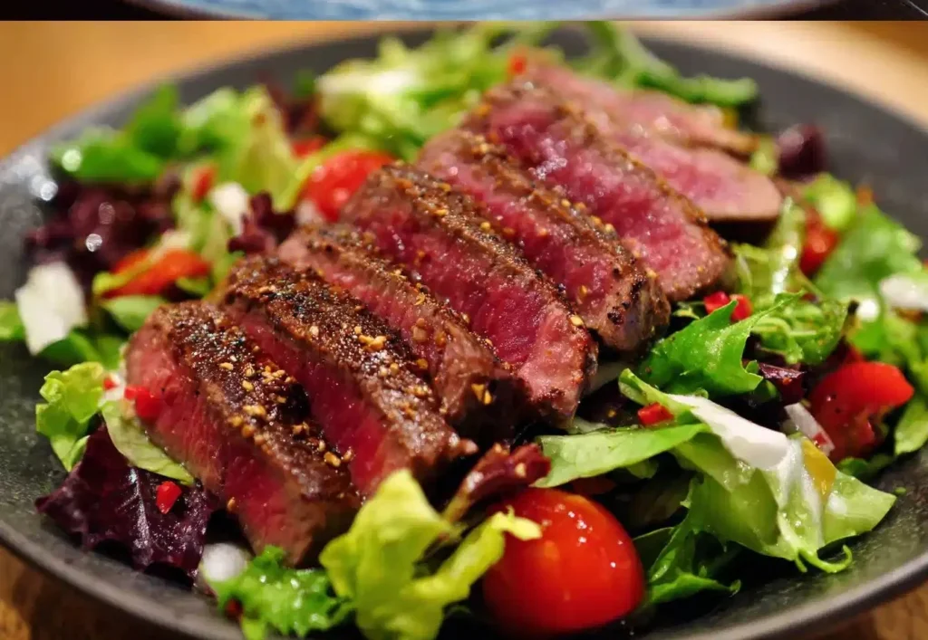 Delicious steak salad with fresh greens and tender slices of steak