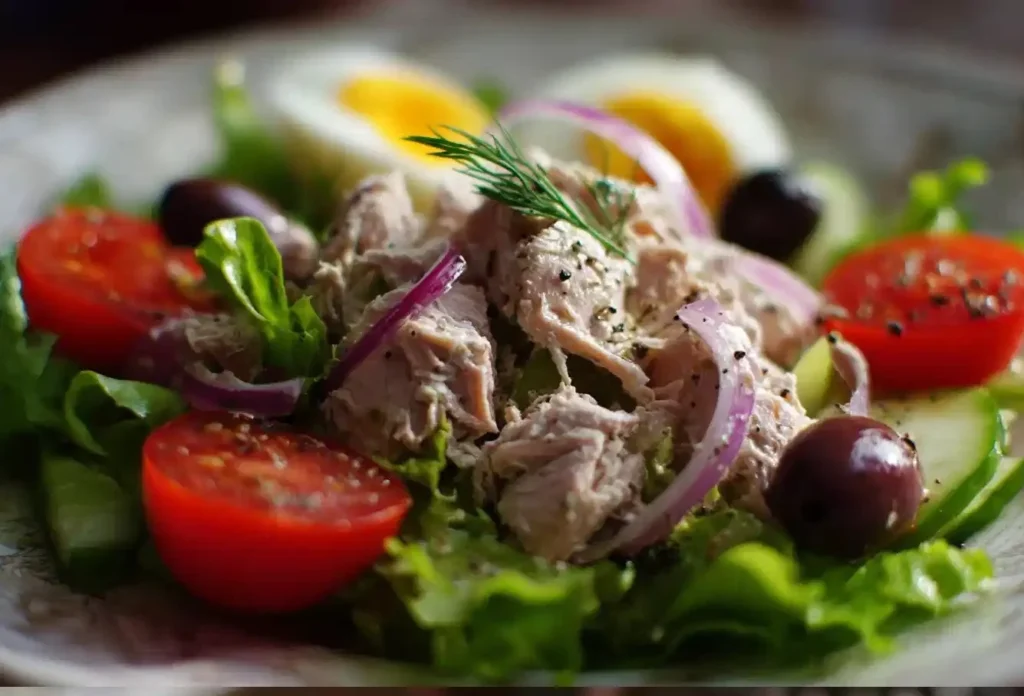 Delicious homemade tuna salad served in a bowl with fresh ingredients.