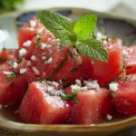 Fresh Watermelon Salad with mint and feta cheese on a plate